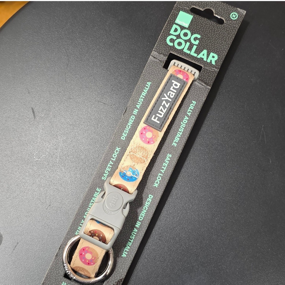 FuzzYard Donut Print Dog Collar Medium Tan Pink Blue Adjustable Safety Lock New